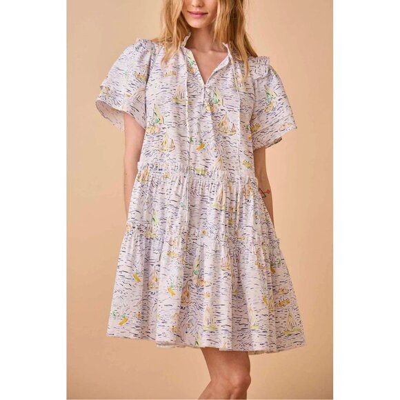 Hunter Bell Merritt Regatta Tiered Mini Dress Nautical Boat Print Size S - Picture 10 of 11